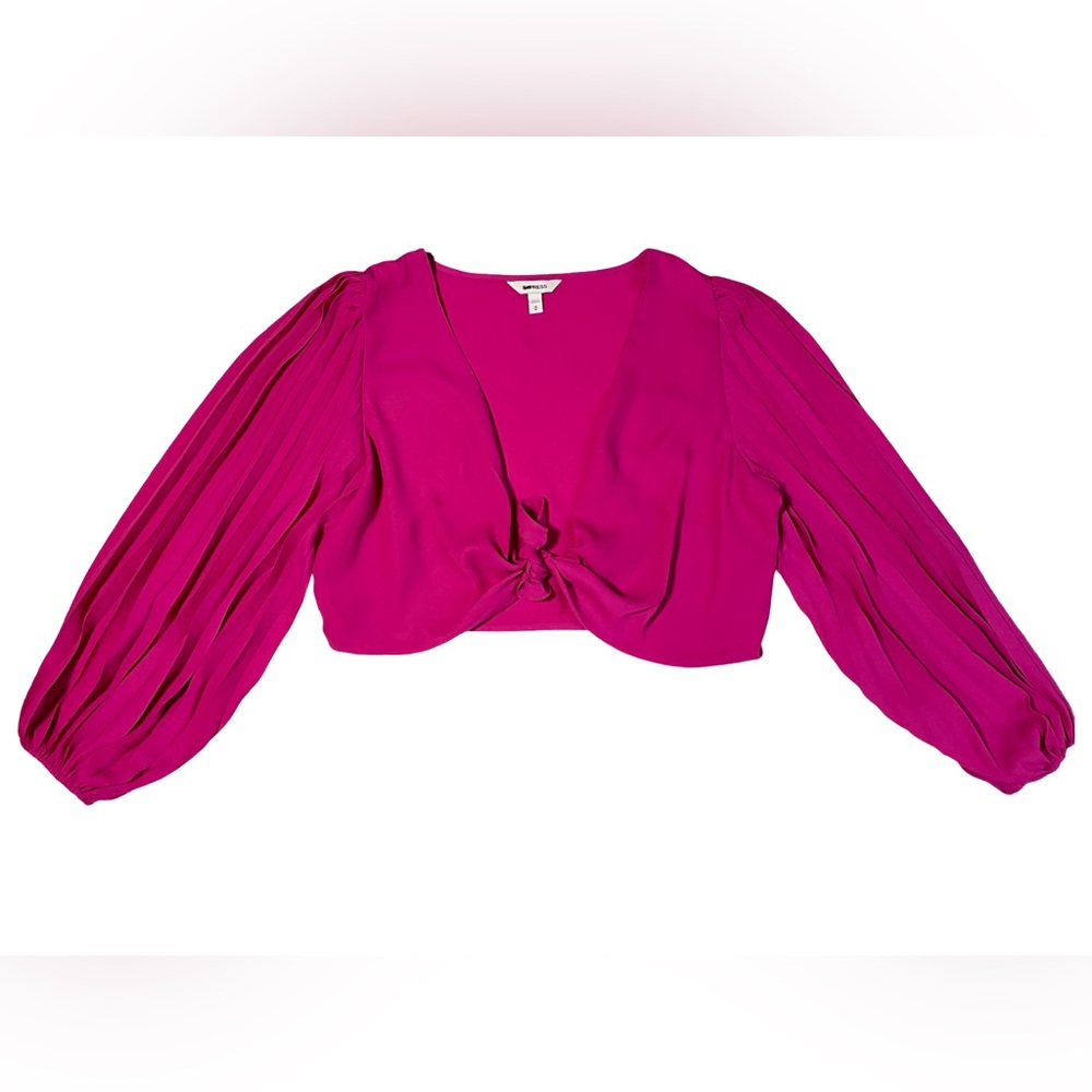 Express Medium Fuchsia Twist Front Crop Top Pleated Balloon Sleeve